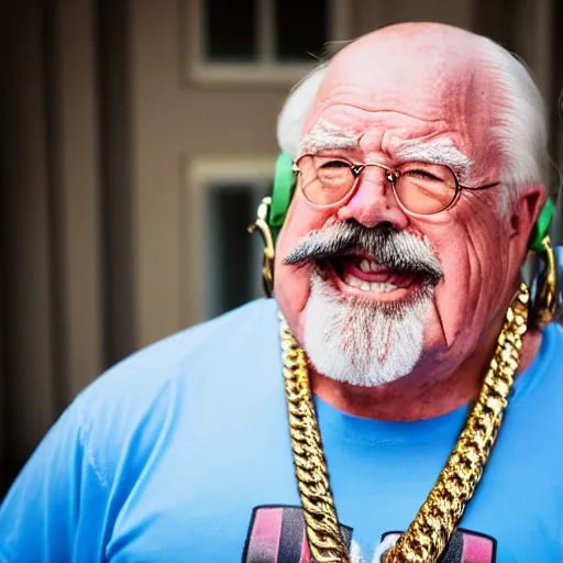 Image similar to dslr portrait photo still of wilfred brimley as a gangsta rapper with gold chains and gold teeth grills growling at camera and showing his teeth, 8 k, 8 5 mm f 1. 8