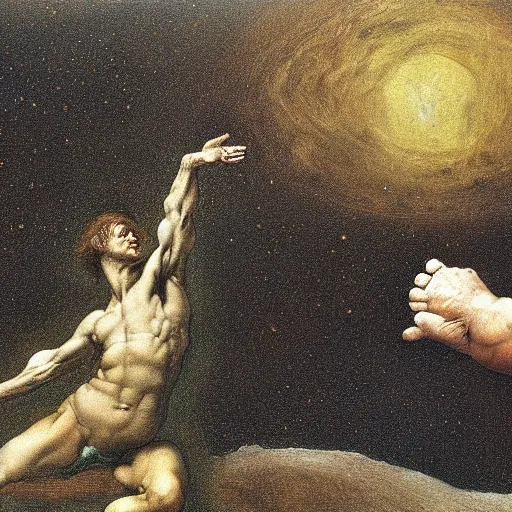 Prompt: the creation of the human race from the cosmos, detailed oil painting by goya and michelangelo and alan lee