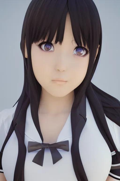 Image similar to photorealistic 3 d render of of an impossibly curvy anime girl wearing a schoolgirl outfit, featured on pixiv, booru, exaggerated proportions, high resolution digital art, 4 k, beautiful symmetric face, subsurface scattering, volumetric lighting, realistic skin texture