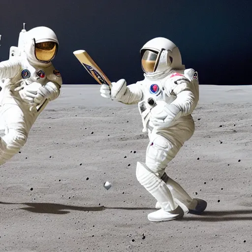 Prompt: a team of astronauts playing cricket on the moon. low gravity environment