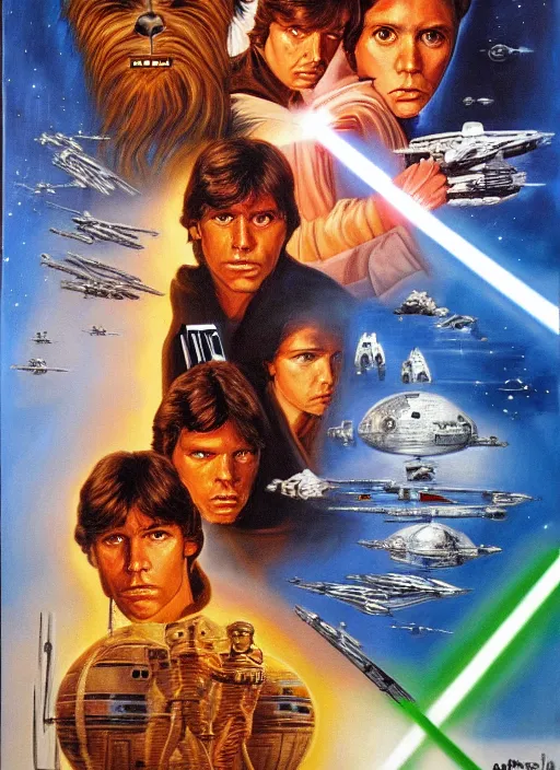 Image similar to 1 9 8 6 poster for star wars. oil on canvas. print.