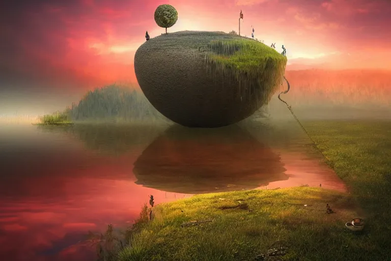 Image similar to a surreal landscape at sunset with a immense gigantic ornated iron chalice cup with a lake inside, water in excess dropping by gediminas pranckevicius