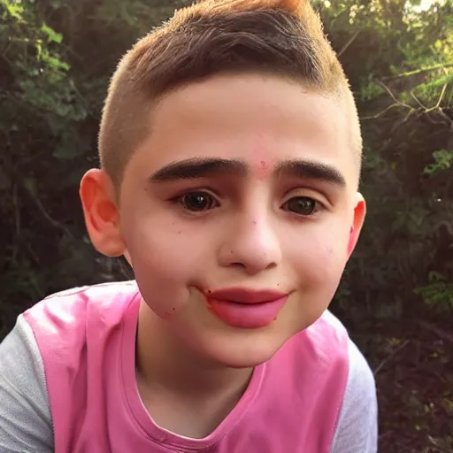 Image similar to selfie of a small boy with pink - red skin, thick lips, very pink face, thin eyebrows, short light brown hair, puffy face, small ears, high on edibles