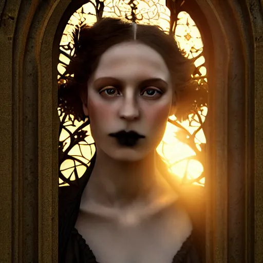 Image similar to photographic portrait of a stunningly beautiful gothic art nouveau secessionist movement female in soft dreamy light at sunset, contemporary fashion shoot, by edward robert hughes, annie leibovitz and steve mccurry, david lazar, jimmy nelsson, breathtaking, 8 k resolution, extremely detailed, beautiful, establishing shot, artistic, hyperrealistic, beautiful face, octane render