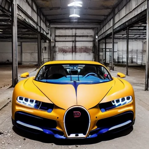 Image similar to an abandoned, derelict, rusty bugatti chiron in a dirty warehouse