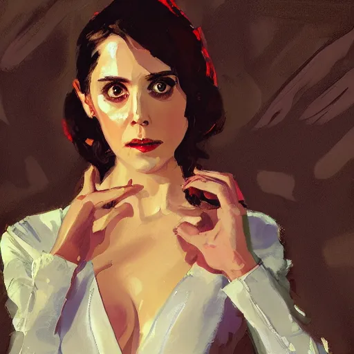 Image similar to alison brie as james bond, intricate, elegant, highly detailed, greg manchess, mucha, liepke, ruan jia, jeffrey catherine jones, ridley scott