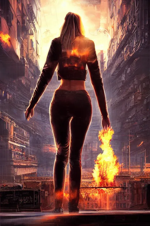 Image similar to in the foreground Saint Petersburg in cyberpunk, in the background a magnificent young blonde woman from behind playing with flames coming out of her hands wearing a long matrix-style jacket, realistic, high definition, many details, dramatic scene, symmetrical face, eyes realistic, art of michael komarck