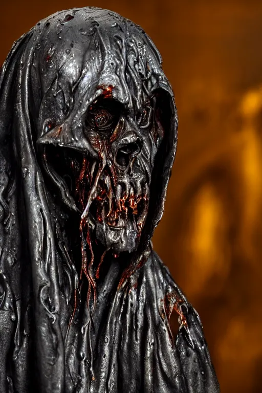 Prompt: photo taken of an epic intricate, ultra detailed, super realistic sculpture of a wet bloodied slimy nightmarish hellish demonic hooded grim reaper sculpture on display in a workshop, created by weta workshop, full body shots, photorealistic, sharp focus, f 0. 4, face centred, macro photography, golden ratio, golden hour