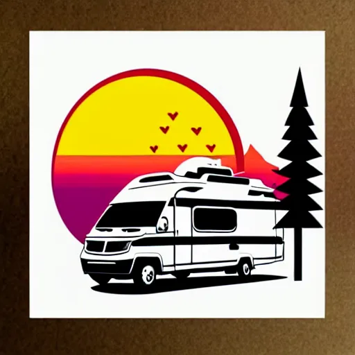 Image similar to stylized stencil graphic of a white and black cute thor chateau! motorhome camper!!, mountains, colorful sunset!!, stencil by tom whalen