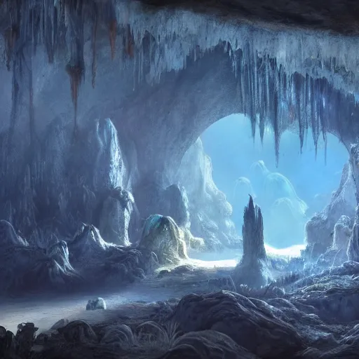 Image similar to beautiful matte painting of the inside of a cave with glowing crystals on the walls and bones on the floor, fantasy, sharp focus