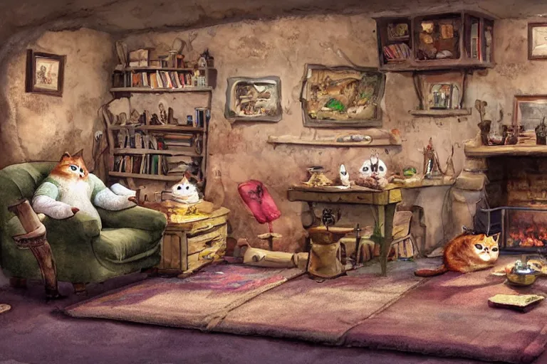 Prompt: short fat anthropomorphic cats wearing trousers and shirts. they live underground in a cave, kitchen table, stove, fridge, sink, armchairs, cosy fireplace, stack of books on side table, colourful rug on floor by fireplace, pictures of family on wall, soft, cosy, craig mullins, james gurney, detailed watercolour, texture, highly detailed, movie scene, illustrative, hd, 4k