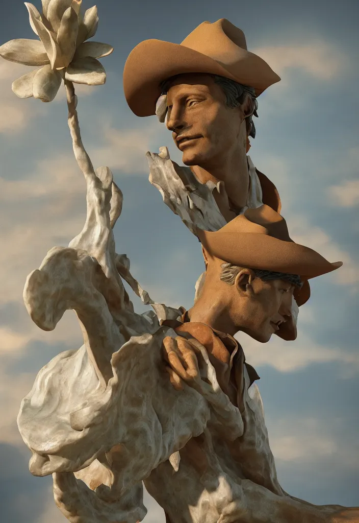 Image similar to A cowboy turning into blooms. A cowboy made of tropical sea slugs. complementary colors. national geographic. 8k, rendered in octane, smooth gradients. sculpture by antonio canova