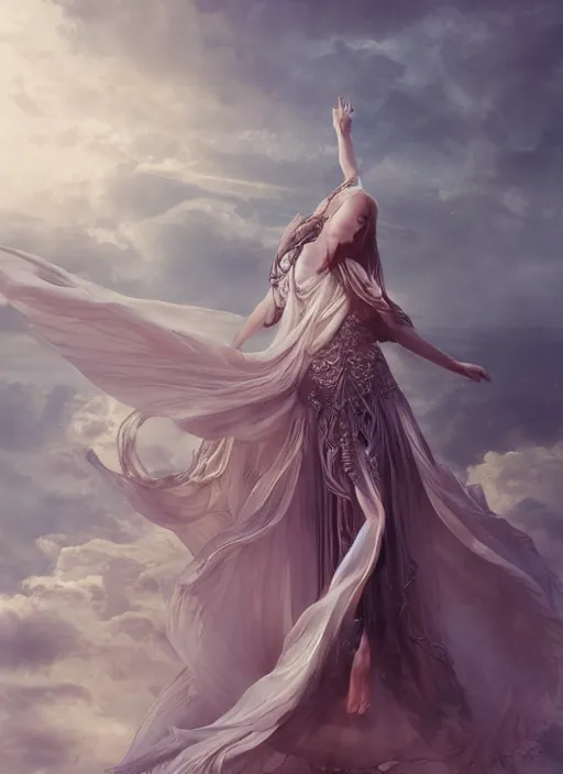 Image similar to a beautiful sorceress floating on air with elegant looks, flowing robe, ornate and flowing, intricate and soft by miho hirano, ruan jia, tom bagshaw,, wlop, beautiful roman architectural ruins in the background, epic sky, half body shot, vray render, artstation, deviantart, pinterest, 5 0 0 px models