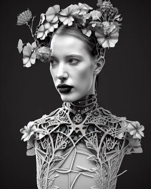 Prompt: monochrome 3 d model, 1 9 4 0 picture, floral steampunk biomechanical beautiful young female cyborg with porcelain profile face and a techno eye, volumetric light, leaves foliage and stems, hibiscus flowers, boho vines, sinuous fine roots, fine foliage lace, alexander mcqueen, rim light, big gothic fashion pearl embroidered collar, octane render, 8 k