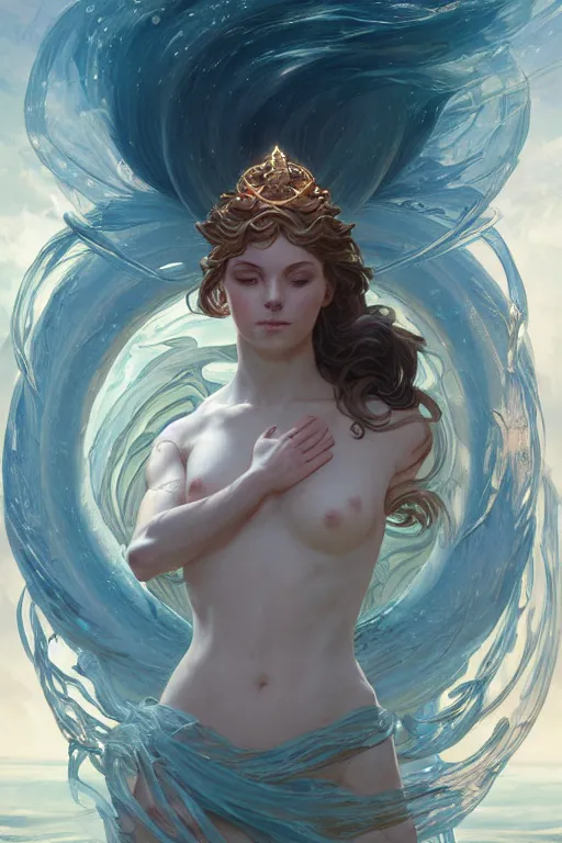 Image similar to goddess of the ocean, accurate anatomy, only two hands, highly detailed, digital painting, artstation, concept art, smooth, sharp focus, illustration, Unreal Engine 5, 8K, art by Ross Tran and greg rutkowski and alphonse Mucha