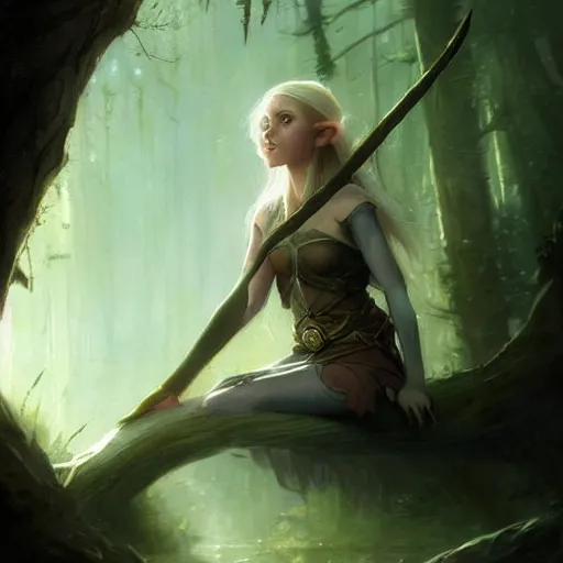 Image similar to a female elf from lord of the rings rests on a log, detailed matte fantasy painting, cinematic lighting, deviantart artstation, by greg rutkowski, by peter mohrbacher