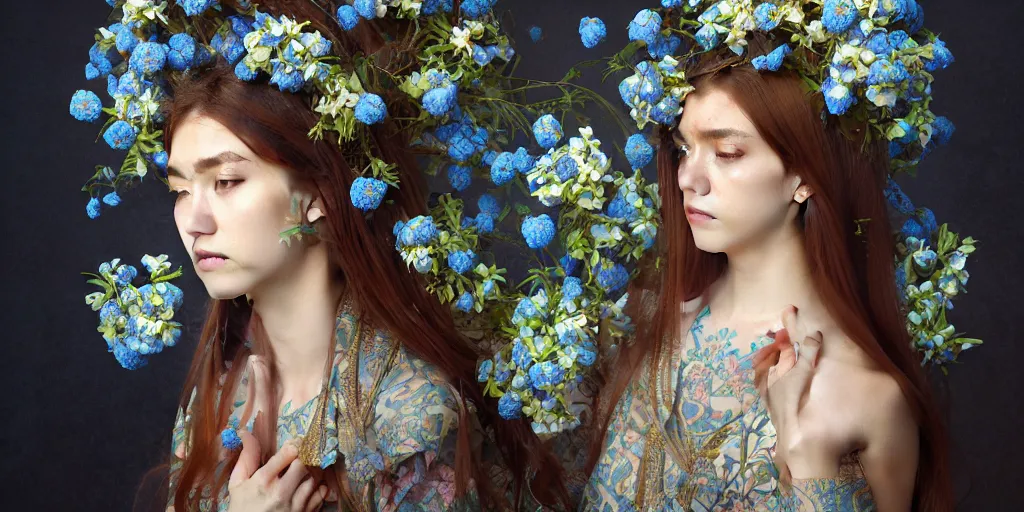 Image similar to breathtaking detailed concept art painting portrait of the goddess of nemophila flowers, orthodox saint, with anxious piercing eyes, ornate background, amalgamation of leaves and flowers, by hsiao - ron cheng, extremely moody lighting, 8 k