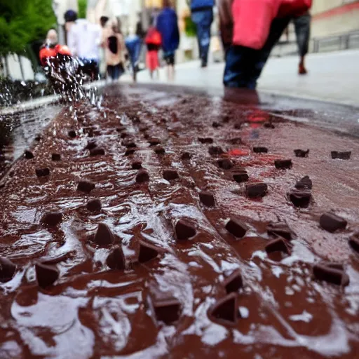 Image similar to people on street get sink on chocolate liquid rain, flooded with chocolate