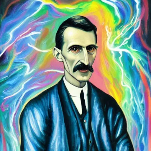 Image similar to an abstract painting of Nikola Tesla, lightning in the background, crazy