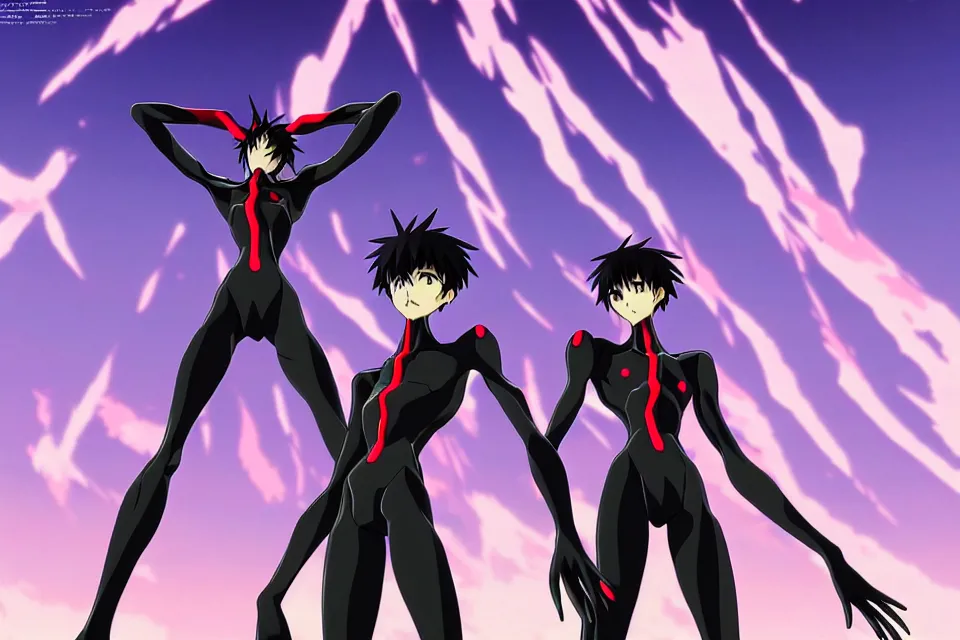 Image similar to anime illustration of black detailed evangelion eva - 0 1 standing menacingly behind ikari shinji copying his pose, cinematic lighting, evangelion anime poster, rebuild of evangelion 1 0 8 0 p, 9 0 s anime aesthetic, volumetric lights, rule of thirds, unreal engine render, pinterest wallpaper, trending on artstation