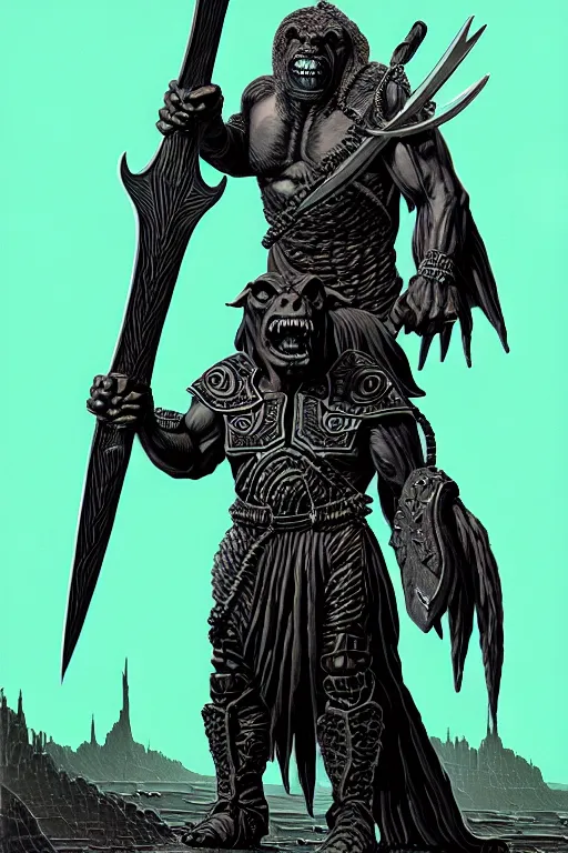 Image similar to cloaked orc holding large axe, high details, intricately detailed, by vincent di fate, inking, 3 color screen print, masterpiece, trending on artstation, sharp, details, hyper - detailed, hd, 4 k, 8 k
