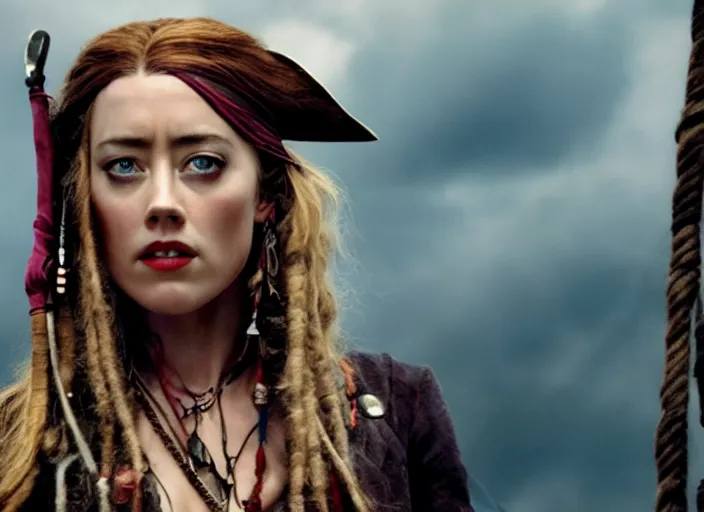 Prompt: film still of amber heard as captain jack sparrow in the new pirates of the carribean movie, 4 k