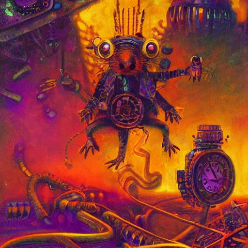 Image similar to steampunk rat, acid, 303, psychedelic, by paul lehr