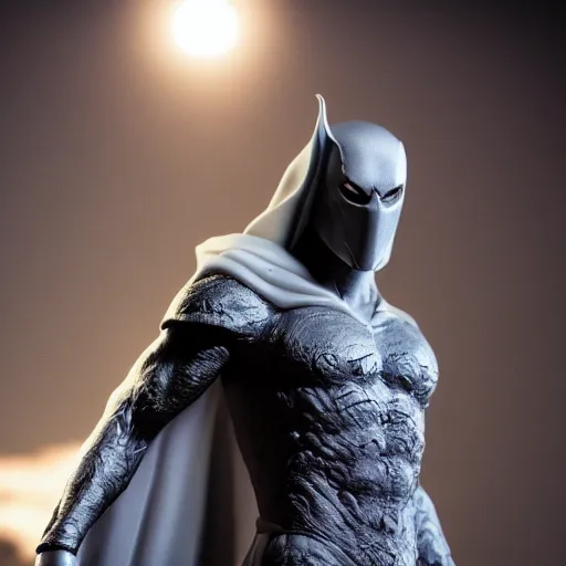 Image similar to a close up photo of a highly detailed statue of Moon Knight from Marvel, 8K, Cinematic,