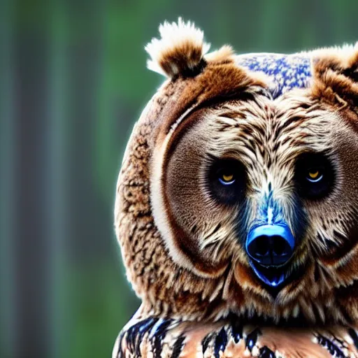 Prompt: An animal that has the body of a bear and the head of an owl, The animal has the body of a bear, with fur, the bear is brown, it's owls head has feathers, the owls face eyes are yellow , 8k, ultra realistic, professional photography