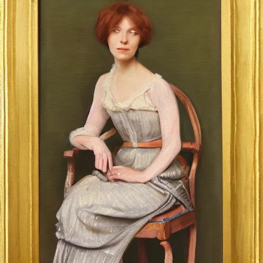 Image similar to a painting of a woman sitting on a chair, a character portrait by lydia field emmet, behance contest winner, figurative art, pre - raphaelite, studio portrait, photoillustration