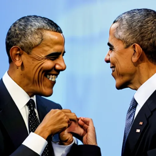 Prompt: A serious Barack Obama in a suit is putting a medal around the neck of another, smiling, suited Barack Obama. There's a yellow curtain in the background.