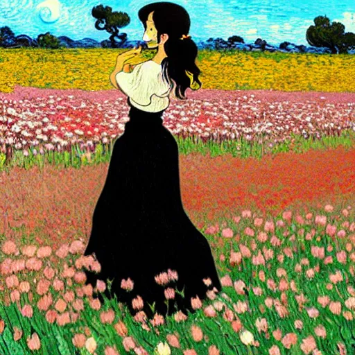 Image similar to beautiful dark skin mexican woman, dancing in a field of tulips and baby's breath, prominent, rosy cheek bones, black hair and brown eyes, van gogh art style, art by hayao miyazaki, makoto shinkai