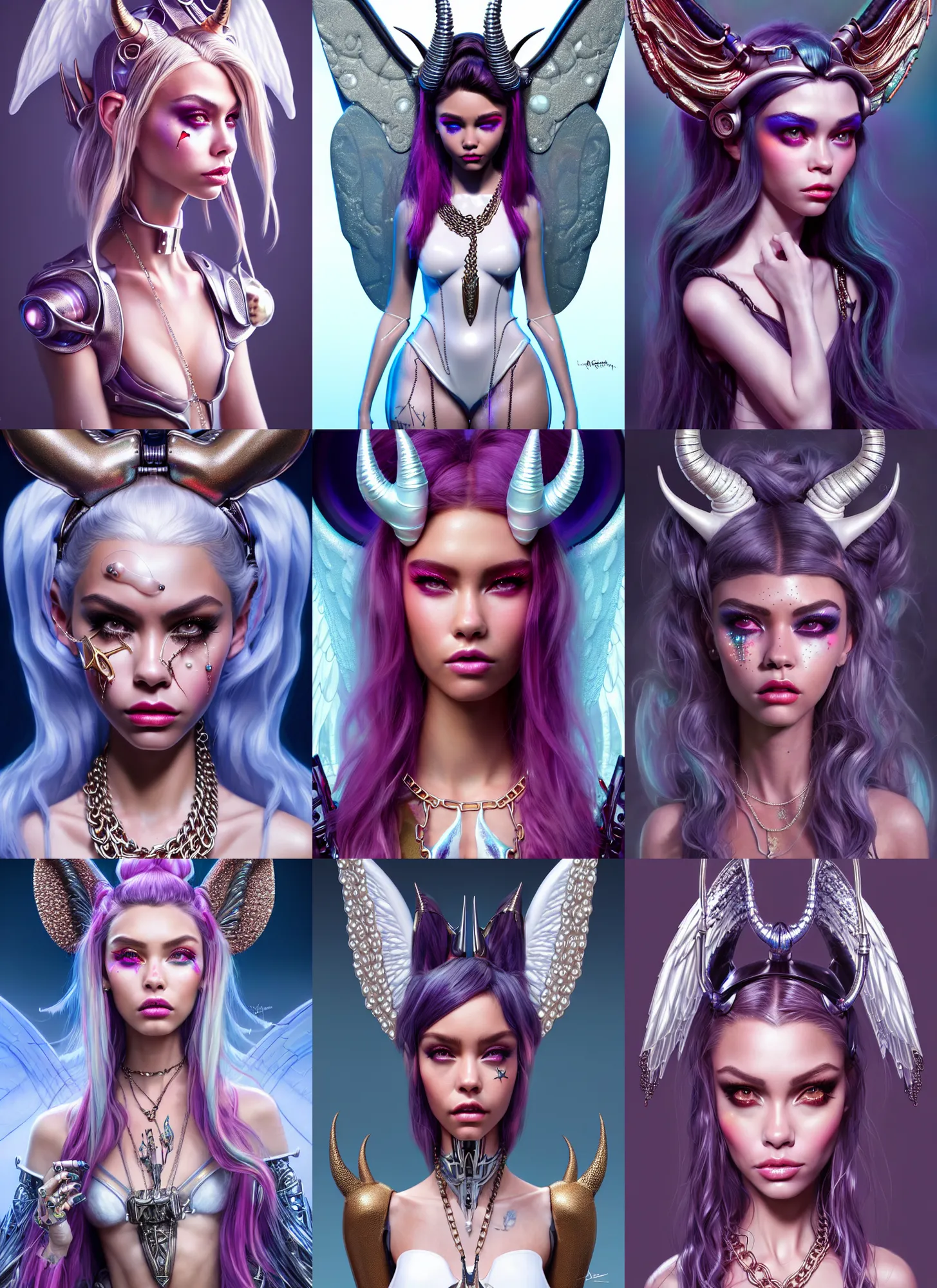 Prompt: disney weta portrait, beautiful gloss porcelain white edm clowncore pearl chain angel madison beer cyborg woman, giant horns, bling, sci - fi, fantasy, cyberpunk, intricate, decadent, highly detailed, digital painting, ever after high, octane render, artstation, concept art, smooth, sharp focus, illustration, art by artgerm, loish, wlop