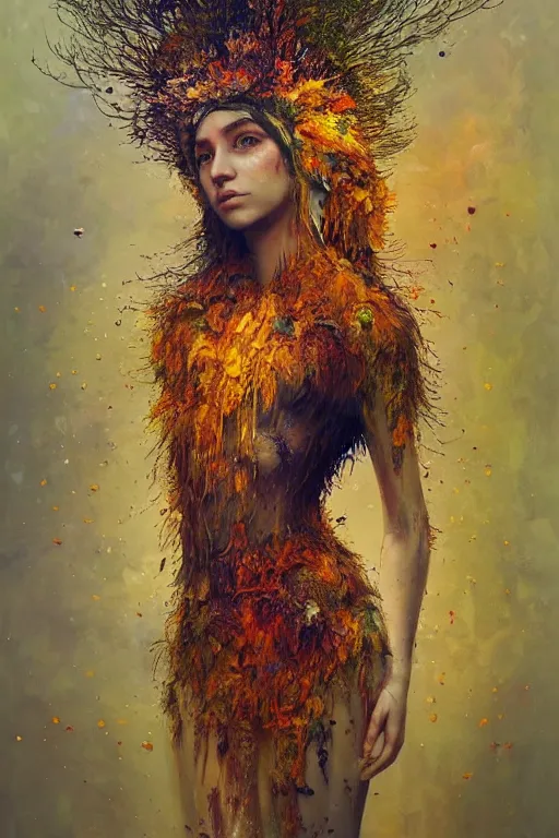 Image similar to full body shot portrait of beautiful girl by irakli nadar with intricate detailed color smashing fluid oil paint and acrylic, dried moss and dried autumn leaves headdress, melting wax, mycelia, abstract impressionism, ruan jia, fantasy, hyper detailed, concept art, by gustav klimt,