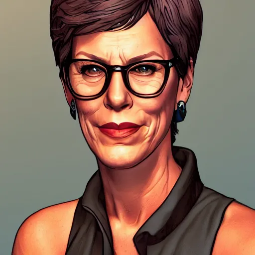 Image similar to jamie lee curtis portrait, borderlands, tales from the borderlands, the wolf among us, comic, cinematic lighting, studio quality, 8 k