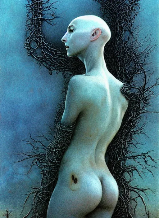 Image similar to bald lovecraftian teen girl by Beksinski and Luis Royo