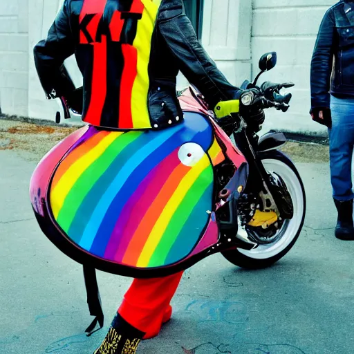 Image similar to wide angle full body, jacket wearing fluffy cute rainbow kitten wearing a black leather motorcycle jacket, cinematic concept art