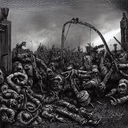 Image similar to zombies among 9 steel barrels in a graveyard, creepy atmosphere, dark, realistic, illustration by gustave dore