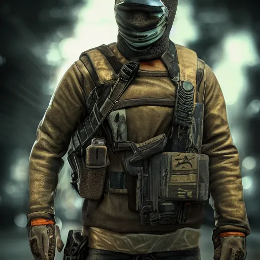 Image similar to bandit with balaclava holding shotgun, dark photo, beautiful details, hdr, octane render