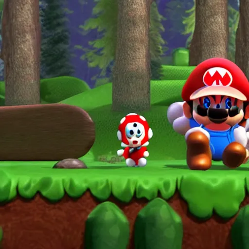 Prompt: Toad mushroom head mario character running at a grizzly bear with an axe