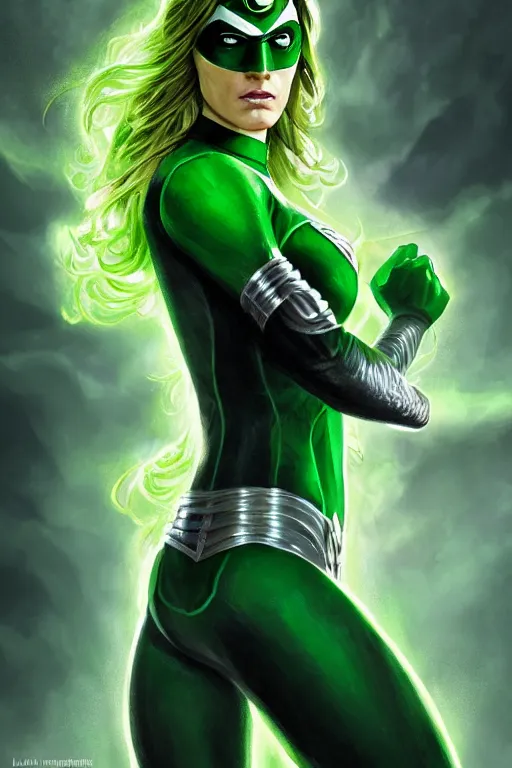 Image similar to Majestic and regal portrait of a female Green Lantern, DC universe, Perfect face, beautiful, intricate, epic, elegant, menacing, fantasy, highly detailed, digital painting, hard focus, beautiful volumetric lighting, epic light, ultra detailed, by Leesha Hannigan, Ross Tran, Thierry Doizon, Kai Carpenter, Ignacio Fernández Ríos