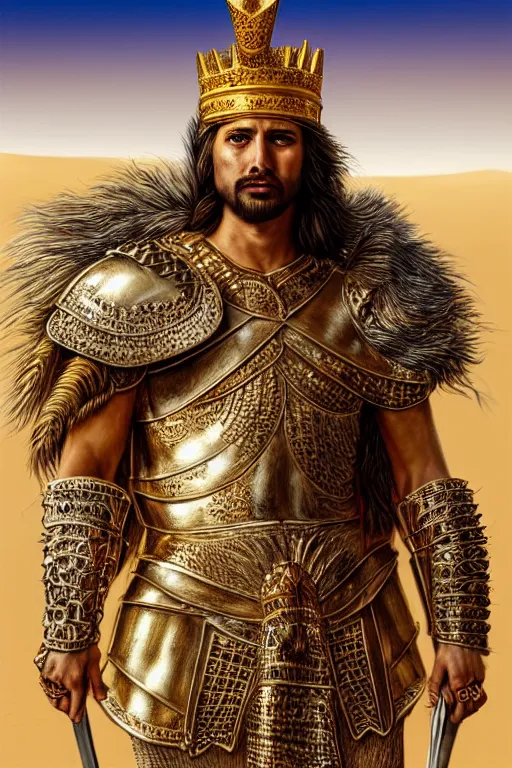 Image similar to Hyper-realistic Portrait of the King of the Desert, Warrior Man, standing in Sand, detailed scene, Gold Armour and Crown, Sword, handsome attractive face, beautiful face, photo realistic, highly detailed, dramatic lighting, majestic, trending on artstation, elegant, intricate, highly detailed, digital painting, concept art, sharp focus, illustration, art by artgerm and greg rutkowski and alphonse mucha