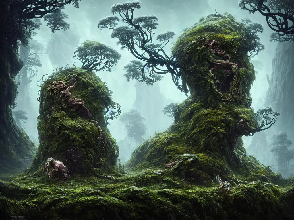 Image similar to ancient fallen god, lush trunda vegetation, snow :: by Michal Karcz, Daniel Merriam, Victo Ngai and Guillermo del toro :: ornate, dynamic, particulate, intricate, elegant, highly detailed, centered, artstation, smooth, sharp focus, octane render, 3d