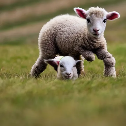 Prompt: a baby lamb possessed by a demon, the lamb is running through an open field,