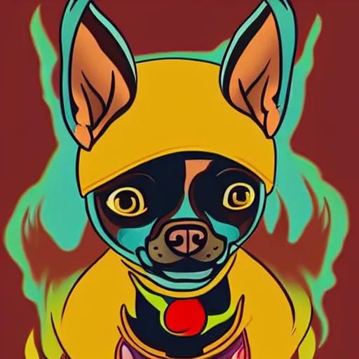 Image similar to a chihuahua with a third eye living in an extradimensional reality, in the style of goof troop, illustration, epic, realistic, hyper detailed, smooth