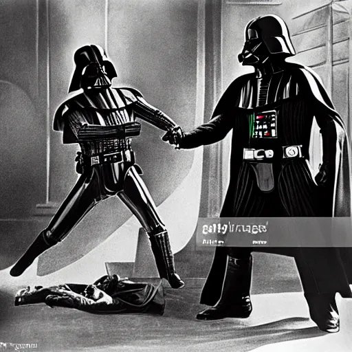 Image similar to Fight between Luke and Darth Vader in the silent movie version of Star Wars (1921) by Fritz Lang, in front of a set reminiscent of Metropolis