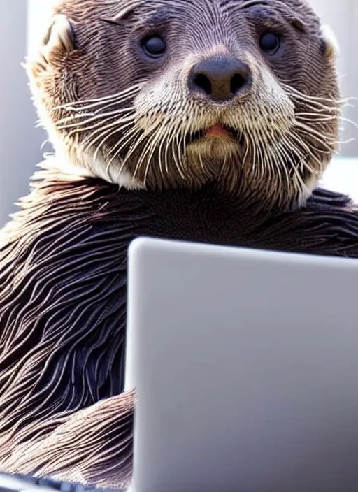 Image similar to cute sea otter wearing headphones sitting in front of a computer