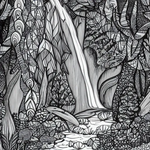 Image similar to an adult coloring page of a waterfall in the enchanted forest, light detail