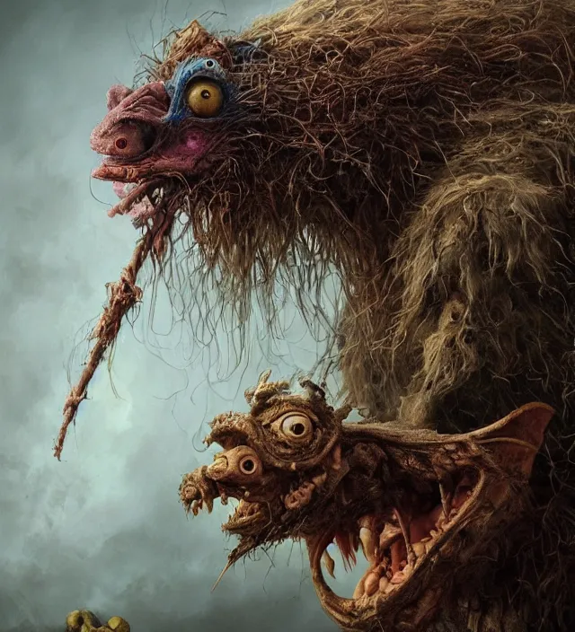 Prompt: hyper realistic portrait of postapocalyptic muppet monster goblin, cinematic, symmetric, dark crystal, artstation, cgsociety, alan lee, brian froud, jean baptiste monge, scott radke