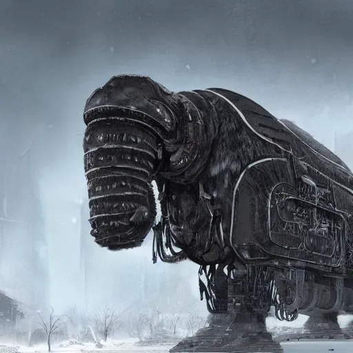 Prompt: an intricate futuristic black steam train and a giant mammoth, post - apocalyptic ice landscape with heavy snow, concept art, artstation, highly detailed, digital art